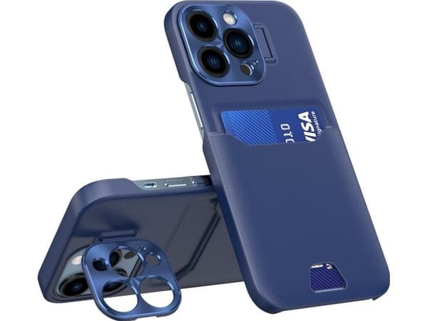 Lær-stander-deksel til iPhone 14 Pro Max - kortholder med stativ - Blå