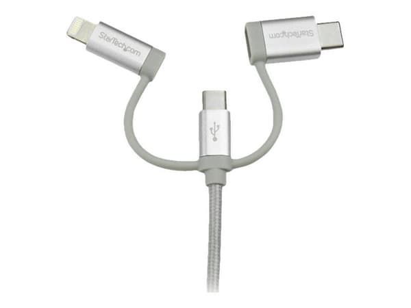 StarTech USB Multi Charging Cable - 3.3 ft / 1m - Lightning / USB-C / Micro-USB - Braided - MFi Certified - USB 2.0 - 3 in 1 Charging (LTCUB1MGR) -...