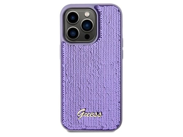 Guess metalldeksel med paljettskrift til iPhone 14 Pro Max - lilla