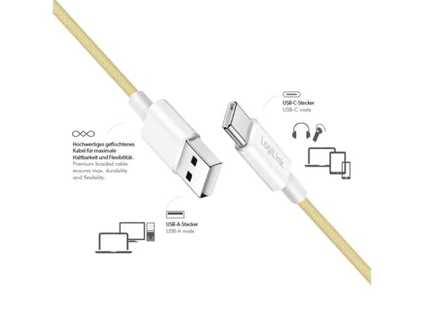 LogiLink CU0334, 1,5 m, USB A, USB C, USB 2.0, 0,48 Gbit/s, keltainen