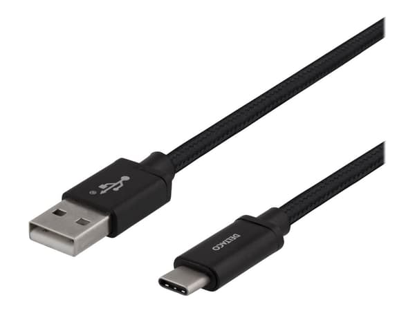 Deltaco USB-A - USB-C-kaapeli, 2m, USB 2.0, punottu, musta, 2 m, USB A, USB C, USB 2.0, Musta