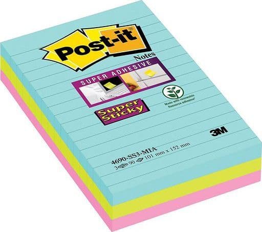 Post-it® Super Sticky Notes Cosmic, 3 linjerede blokke, 101 mm x 152 mm