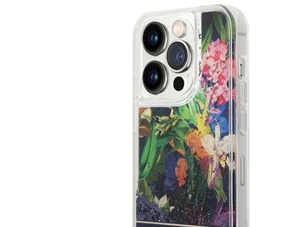 Guess Flower Liquid Glitter mobildeksel til iPhone 14 Pro Max - blå
