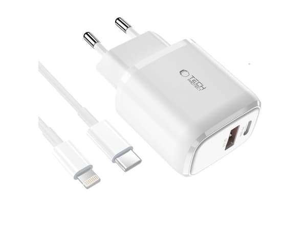Tech-Protect C20W USB-C PD 20W / USB-A QC 3.0 Charger with USB-C / Lightning Cable - White