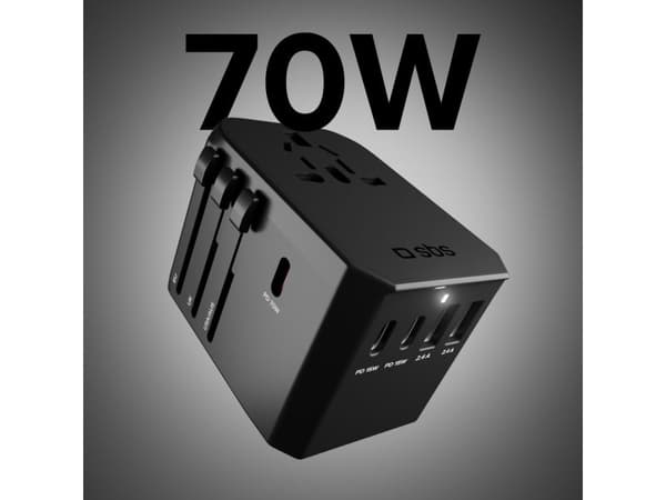 SBS Universal GaN Travel Adapter 70W 3xUSB-C 2xUSB-A with Case - Black
