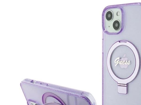 Guess Ring Stand Script Glitter MagSafe-skydd till iPhone 15 Plus / 14 Plus - lilla