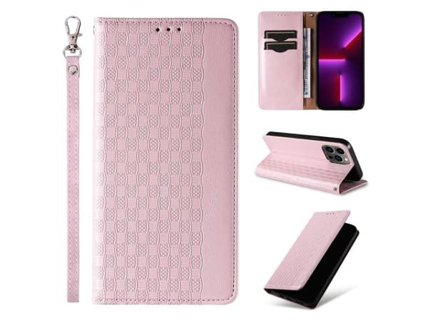 Magnet strap-etui til iPhone 14 Plus - flip wallet mini-snor/stativ - rosa