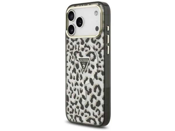 Guess IML Leopard Glitter Triangle Logo MagSafe Case for iPhone 17 Pro Max / 18 Pro Max - Black