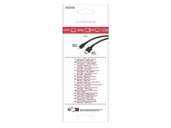 Vivanco VVVHDMI15MICRO, 1,5 m, HDMI Typ A (standard), HDMI Typ D (micro), Svart