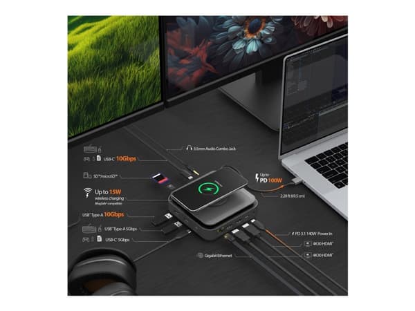 j5create JCD3199 - Dokkingstasjon + trådløs lader - USB-C 3.1 - HDMI - 1GbE