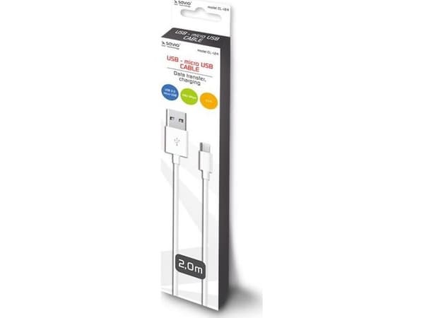 Savio CL-124, 2 m, USB A, Micro-USB B, USB 2.0, 480 Mbit/s, Valkoinen
