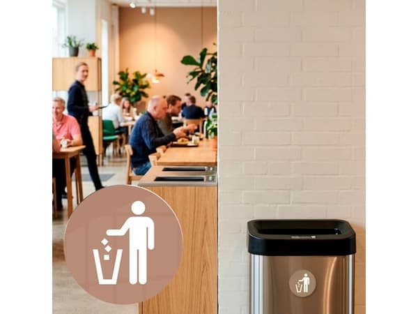 Skylt med AVFALL-symbol, Ø 10 cm, aluminium, caffe latte