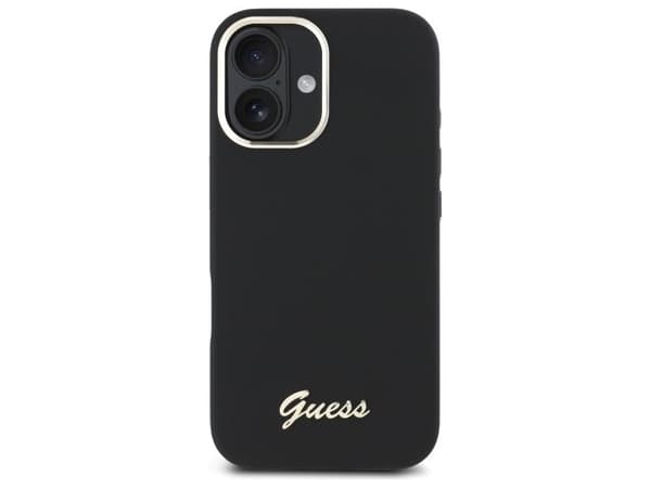 Guess silikonetui med metal-logo & ramme til iPhone 16 Plus - sort