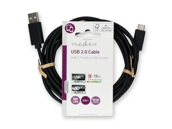 Nedis CCGL60600BK30, 3 m, USB A, USB C, USB 2.0, 0,48 Gbit/sek, Sort