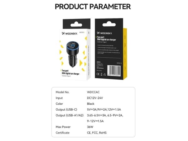 Wozinsky bil-lader USB-C USB-A 36W - svart