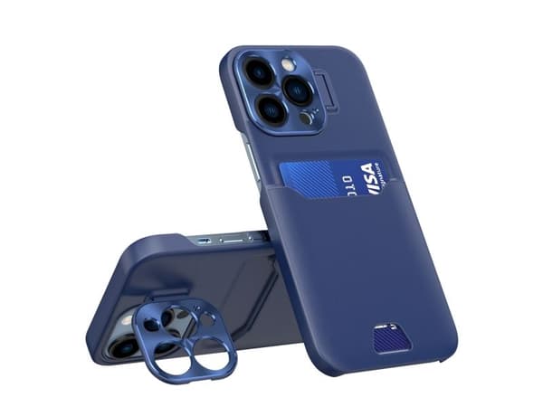 Lær-stander-deksel til iPhone 14 Pro Max - kortholder med stativ - Blå