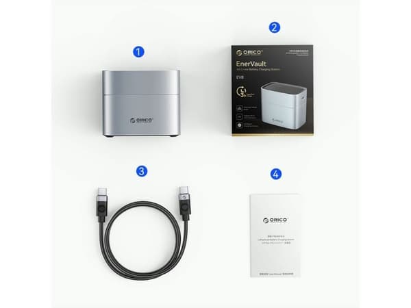 Orico EV8 batterilader for litium AA med oppbevaringsfunksjon - sølv