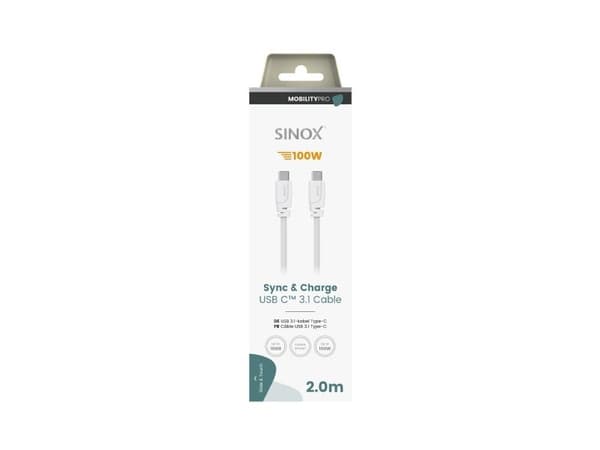 Sinox PRO USB C-kabel. 2 m, hvit, 2 m, USB C, USB C, USB 3.2 Gen 2 (3.1 Gen 2), 10 Gbit/sek, hvit