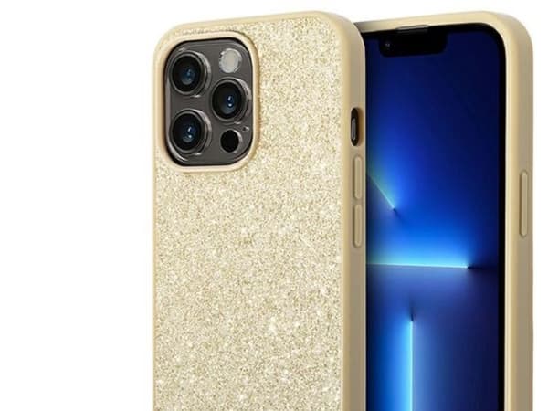 Guess Glitter Script kotelo iPhone 14 Pro - kultainen
