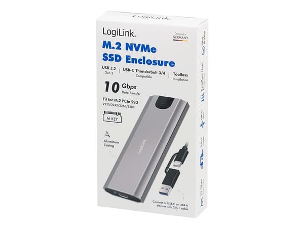 LogiLink UA0439, SSD-inkapsling, M.2, M.2, PCI Express, 10 Gbit/s, Byte under drift (hotswap), Grå