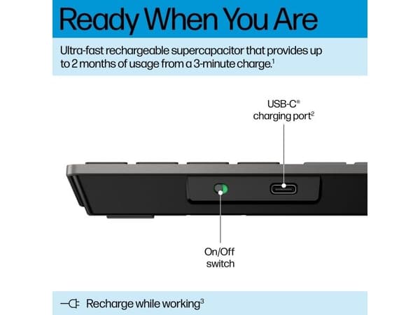 HP 720 Multi-Device Rechargeable Wireless Keyboard, Fullstor (100 %), Trådlös, USB + Bluetooth, AZERTY, Svart