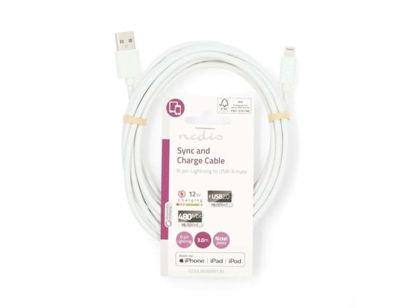 Nedis CCGL39300WT30, 3 m, Lightning, USB A, Hankjønn, Hankjønn, Hvit