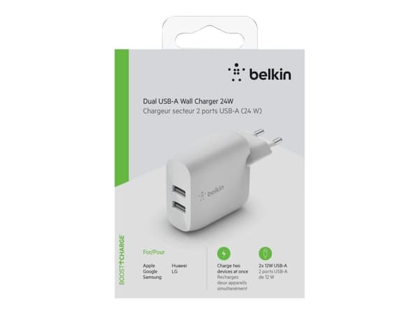 Belkin BoostCharge - Strömadapter - 24 Watt - QC 3.0 - 2 utdatakontakter (USB) - vit