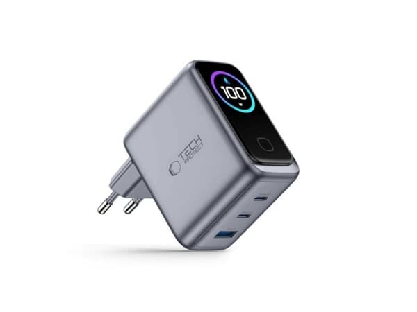PowerNeed-lader Tech-Protect PowerVision NC100W-GaN nettlader med USB-A og 2xUSB-C, PD 100 W / QC3.0, mørkegrå