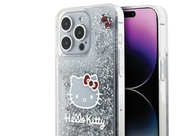 Hello Kitty Liquid Glitter Charms Kitty Head dėklas iPhone 15 Pro Max - sidabrinis