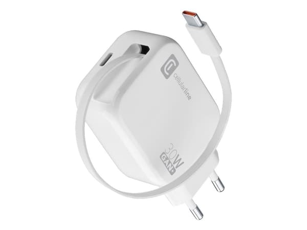 Cellularline Retractable Power 30W, Innendørs, AC, 0,7 m, Hvit