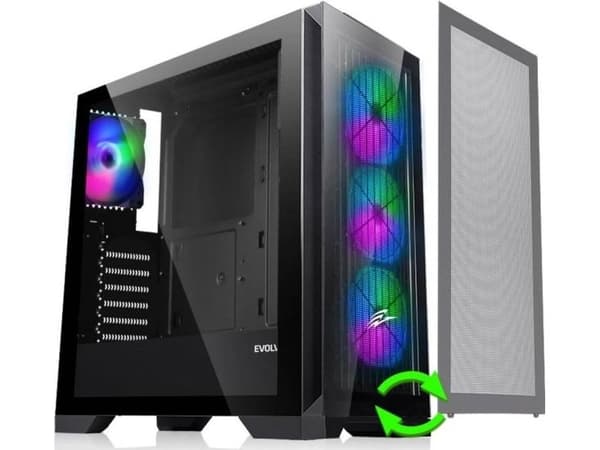 EVOLVEO Ptero Q2+, 2x frontpanel - glas / mesh, ATX chassi, svart, 4x ARGB-fläkt