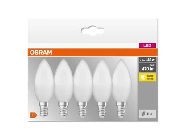 Osram Base, 5,5 W, 40 W, E14, 470 lm, 10000 timer, Varm hvit