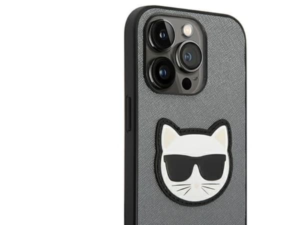 Karl Lagerfeld Saffiano Choupette Head Patch-skal för iPhone 14 Pro Max - silver