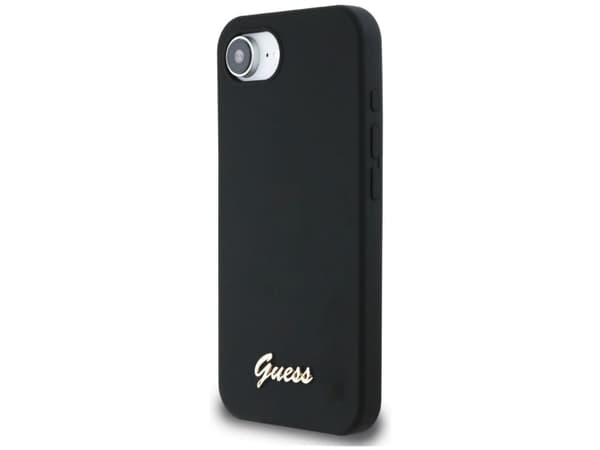 Guess Silicone Script Metal Logo MagSafe - Etui do iPhone 16e (czarny)