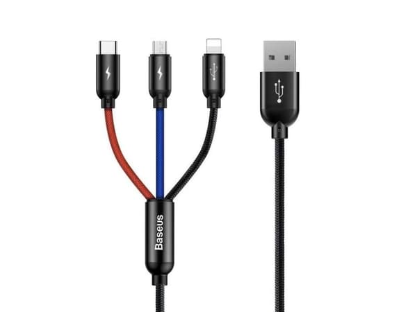 3-i-1 USB-kabel - USB-C, Lightning, micro USB, 120 cm, Baseus CAMLT-BSY01, opptil 3,5A