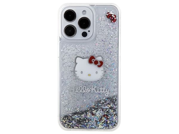 Hello Kitty Liquid Glitter Charms Kitty Head dėklas iPhone 15 Pro Max - sidabrinis