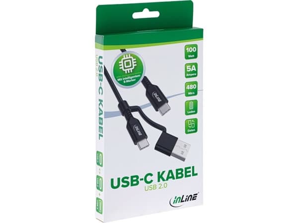 InLine® 2-in-1 USB-C-kaapeli + USB-A-sovitin, USB 2.0, 100W, TPE, musta, 2m, 2m