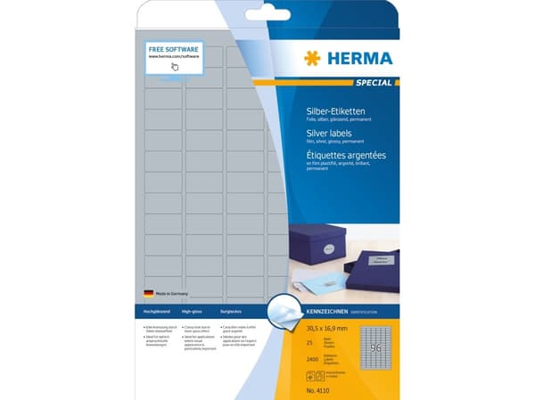 HERMA 4110, Hopea, Itse kiinnittyvä tulostintarra, A4, Polyesteri, Laser, Kiinteä