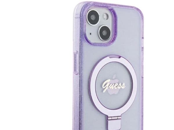 Guess Ring Stand Script Glitter MagSafe-skydd till iPhone 15 Plus / 14 Plus - lilla