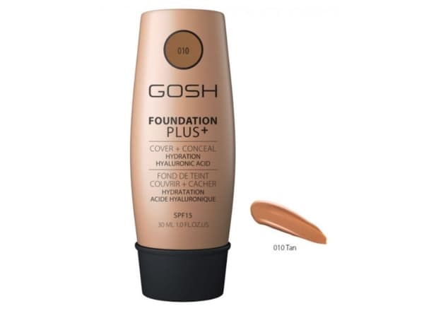 Gosh Gosh Foundation Plus+, flytende foundation & concealer 2-i-1, 010 Tan, SPF 15, 30 ml