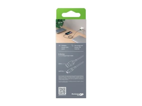 GP Batteries CL1N, 1 m, Lightning, USB A, Uros, Uros, Harmaa