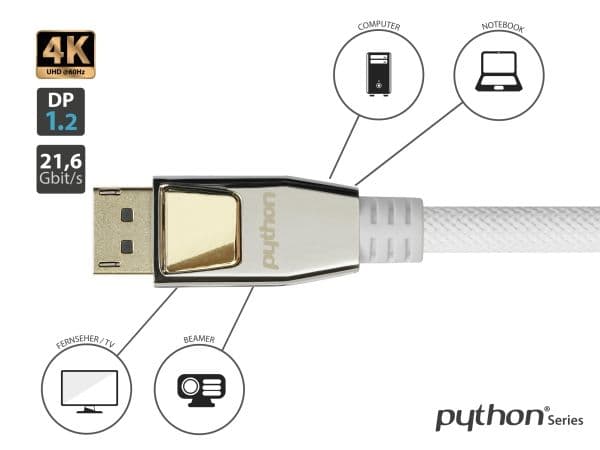 Python GC-M0200, 10 m, DisplayPort, DisplayPort, Hankoppling, Hankoppling, 4096 x 2160 pixlar