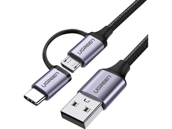 Ugreen US177, 1 m, USB A, USB C/Micro-USB B, USB 2.0, 0,48 Gbit/s, Svart, Grå
