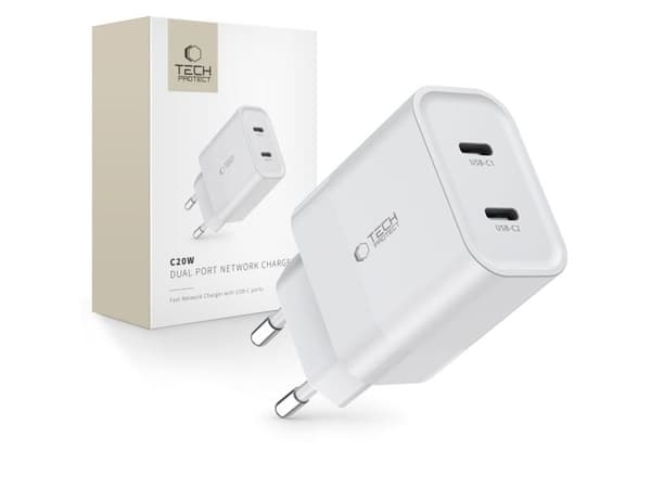 Tech-Protect C20W-laddare 2x USB-C PD 20W - vit