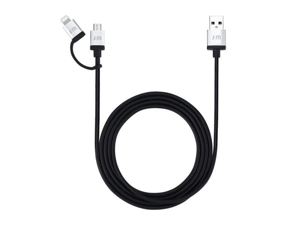 JustMobile AluCable Duo, 1,5 m, USB A, Micro-USB B/Lightning, Hankjønn/hankjønn, Aluminium, Sort