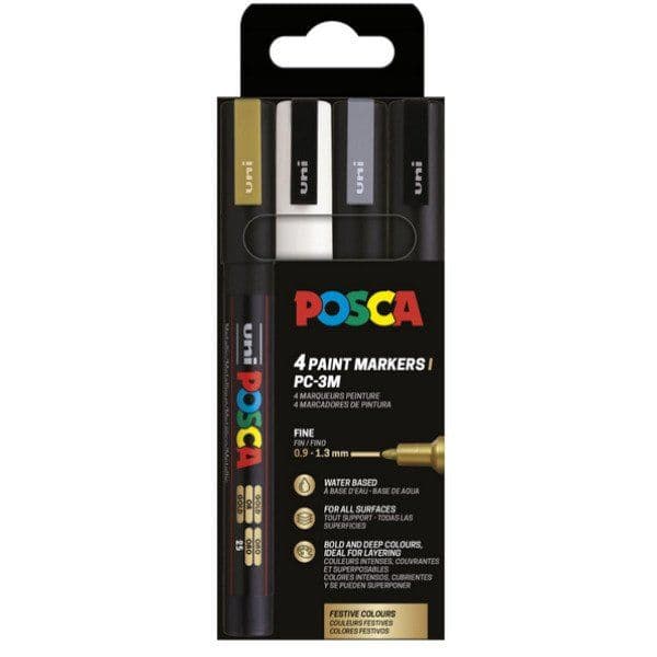 Posca PC-3M tusch 4 st (gul, vit, silver, svart)