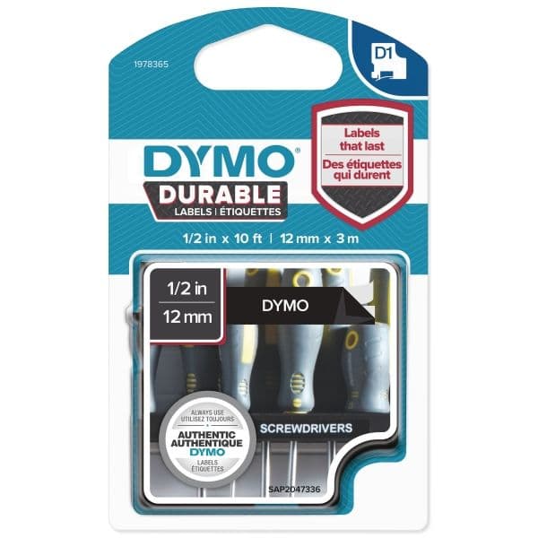 DYMO D1 Durable tape 12 mm x 3 m, hvid/sort