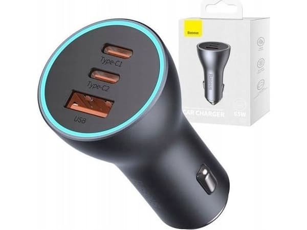 Baseus pikalataussovitin autoon 2*USB-C + USB-A 65W tummanharmaa (CGJP010013)