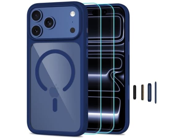 Tech-Protect MagOne MagSafe CC Case + Tempered Glass 2-Pack for iPhone 18 Pro / 17 Pro - Clear Navy Blue