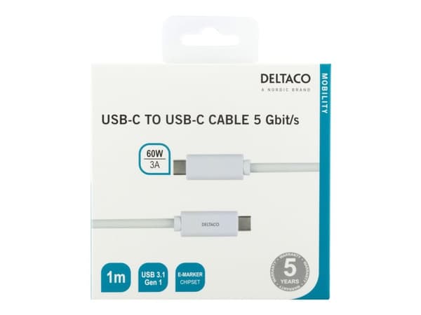 DELTACO - USB-kabel - USB-C (hane) till USB-C (hane) - 1 m - vit